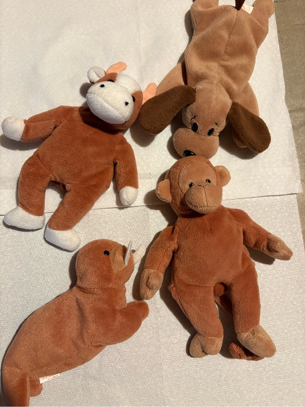 Beanie Baby Monkey, Dog, Walrus & Cow